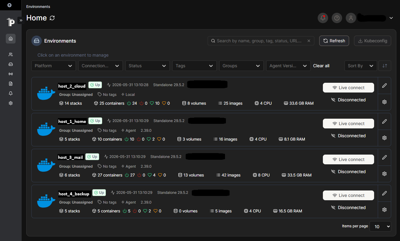 Portainer CE - live environment view across all four managed hosts